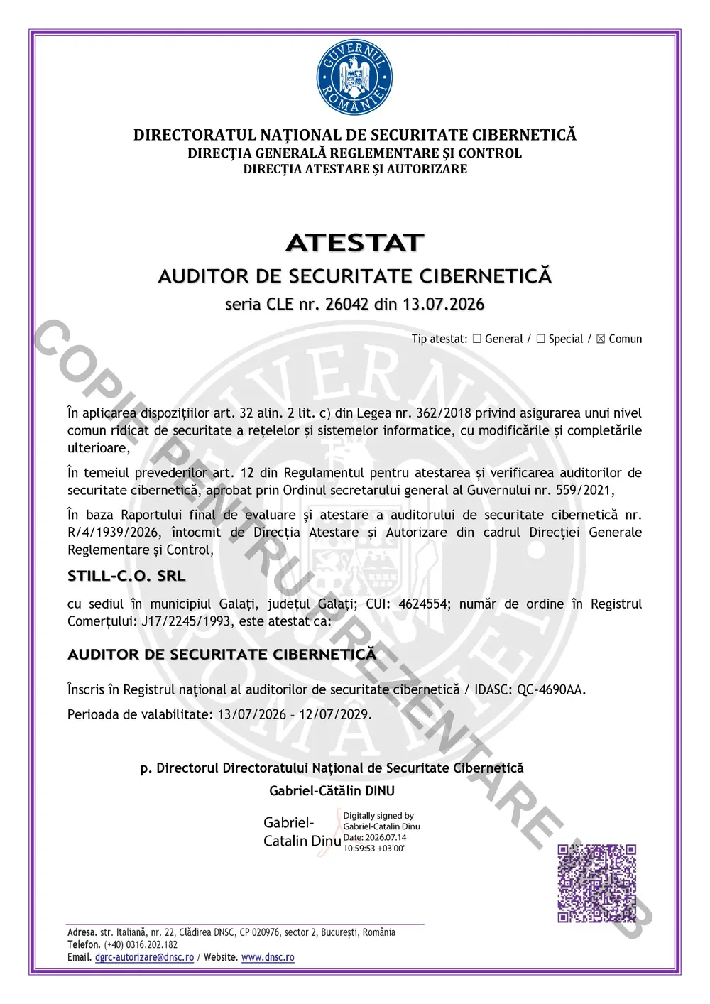 Atestat Auditor de Securitate Cibernetică seria CLE nr. 26042 - STILL-C.O. SRL